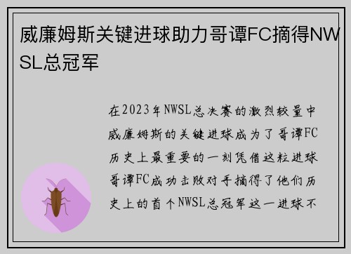威廉姆斯关键进球助力哥谭FC摘得NWSL总冠军